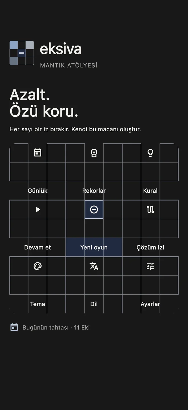 Eksiva’nın Sudoku biçimindeki ana menüsü