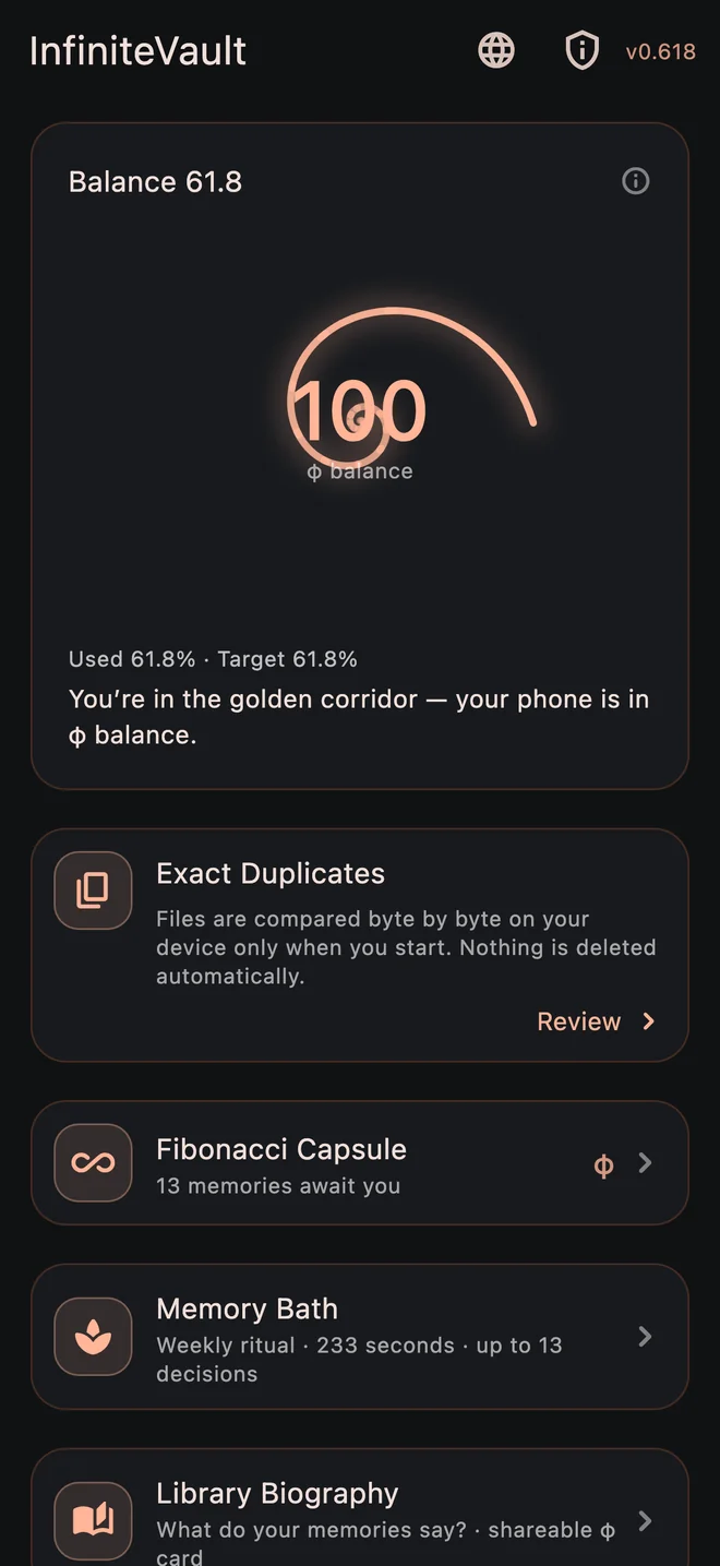 Balance and archive tools on the InfiniteVault home screen