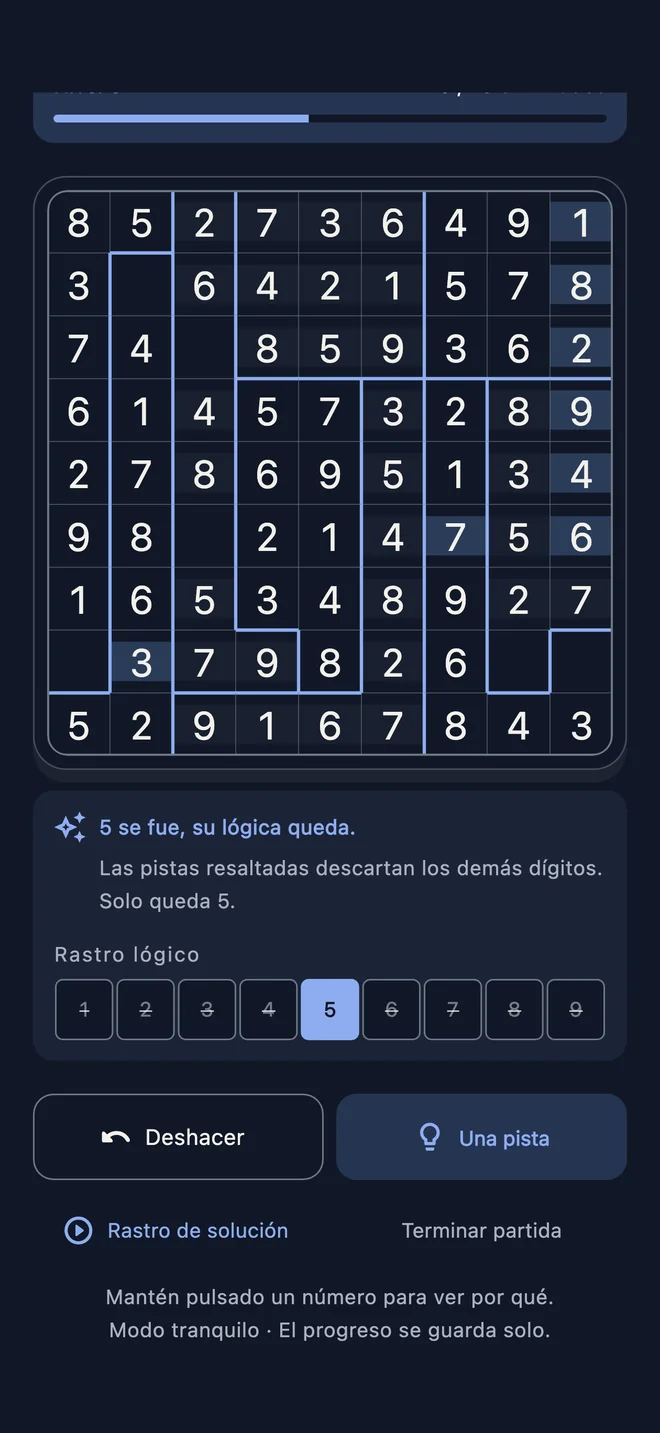 Tablero Mosaico y franja de prueba que explica por qué el 5 es el único candidato