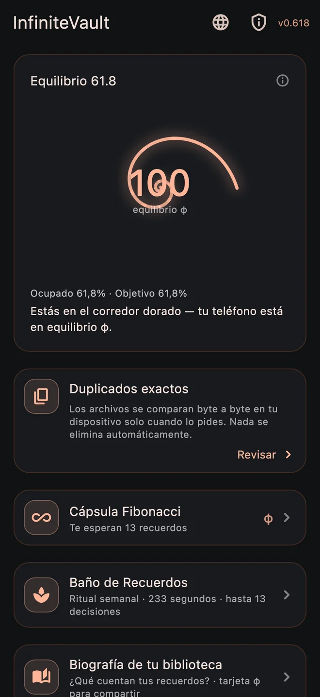 Equilibrio y herramientas del archivo en la pantalla de inicio de InfiniteVault