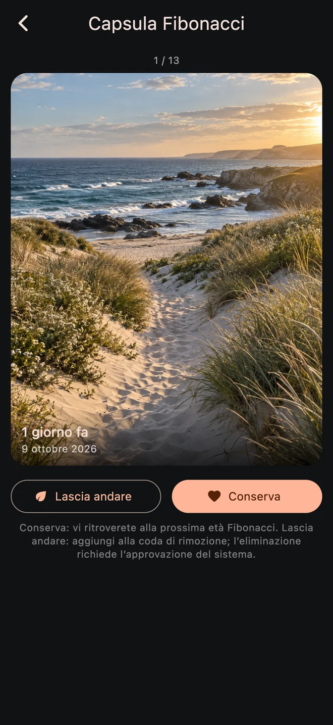 Interfaccia della Capsula Fibonacci di InfiniteVault con una foto ricordo di esempio