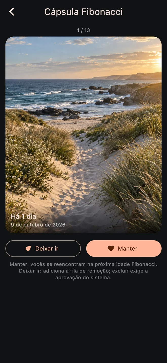 Interface da Cápsula Fibonacci do InfiniteVault com uma foto de recordação de exemplo