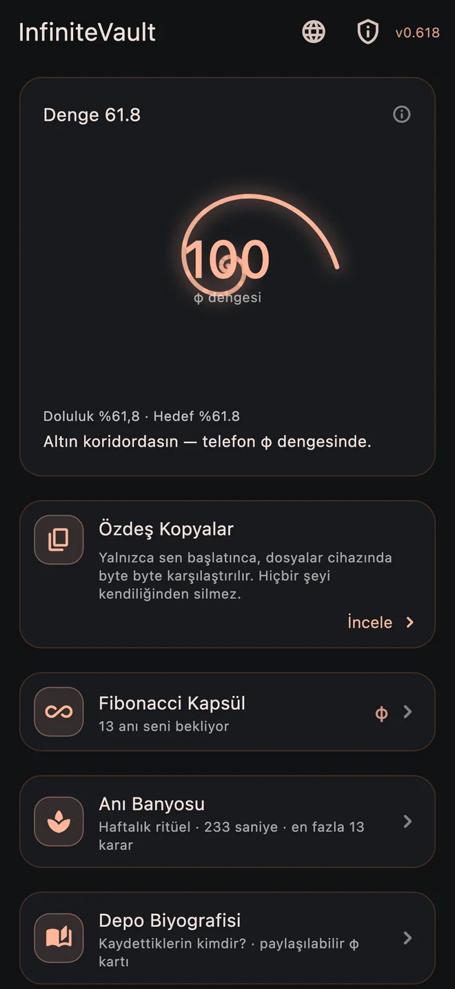 InfiniteVault ana ekranında Denge ve arşiv araçları