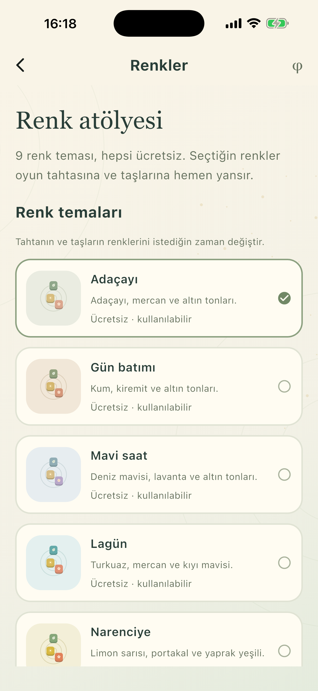 PuzzleReverse ücretsiz renk temaları ekranı
